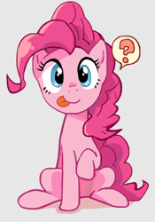 Size: 350x500 | Tagged: safe, artist:baekgup, artist:rirepink, edit, character:pinkie pie, species:earth pony, species:pony, blep, cropped, female, gray background, looking at you, mare, question mark, raised hoof, simple background, sitting, smiling, solo, tongue out