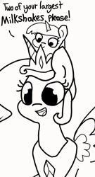 Size: 1104x2048 | Tagged: safe, artist:tjpones, character:princess celestia, character:twilight sparkle, species:alicorn, species:pony, cute, cutelestia, dialogue, duo, female, filly, filly twilight sparkle, momlestia, monochrome, open mouth, pony hat, size difference, sketch, smol, twiabetes, younger