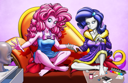 Size: 2923x1889 | Tagged: safe, artist:pedantczepialski, character:pinkie pie, character:rarity, species:human, my little pony:equestria girls, barefoot, bathrobe, blue underwear, cellphone, clothing, couch, feet, female, nail polish, panties, phone, purple underwear, robe, table, toenail polish, underwear