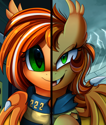 Size: 2550x3009 | Tagged: safe, artist:pridark, oc, oc only, oc:pumpkin patch, species:bat pony, species:pony, bat pony oc, bust, clothing, commission, high res, looking at you, open mouth, portrait, smiling, solo, two sided posters