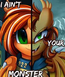Size: 2550x3009 | Tagged: safe, alternate version, artist:pridark, oc, oc only, oc:pumpkin patch, species:bat pony, species:pony, bat pony oc, blood, bust, clothing, commission, high res, looking at you, open mouth, portrait, smiling, solo, text, two sided posters