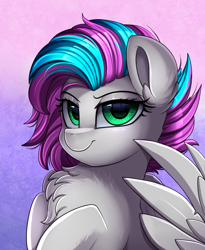 Size: 1446x1764 | Tagged: safe, artist:pridark, oc, unnamed oc, species:pegasus, species:pony, bust, chest fluff, commission, female, green eyes, looking at you, mare, portrait, smug, solo