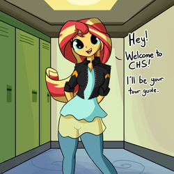 Size: 2880x2880 | Tagged: safe, artist:tjpones, character:sunset shimmer, my little pony:equestria girls, bronybait, canterlot high, cute, dialogue, female, hands behind back, high res, lockers, looking at you, shimmerbetes, solo, talking to viewer, wide hips