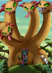Size: 2509x3550 | Tagged: safe, artist:pridark, oc, species:dragon, species:pony, baby, baby dragon, clothing, destruction, high res, hoodie, hydra, multiple heads, raised hoof, scenery