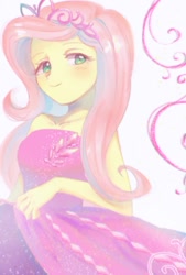 Size: 472x699 | Tagged: safe, artist:yakieringi014, character:fluttershy, episode:costume conundrum, g4, my little pony:equestria girls, beautiful, clothing, collarbone, costume conundrum: rarity, cute, dress, female, jewelry, princess fluttershy, sleeveless, smiling, solo, tiara