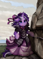 Size: 2550x3509 | Tagged: safe, artist:pridark, oc, oc only, species:pony, species:unicorn, armor, bipedal, bow, cliff, clothing, commission, dress, dress armor, female, hair bow, mare, multicolored hair, open mouth, semi-realistic, semi-realistic armor, solo