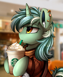 Size: 1446x1764 | Tagged: safe, artist:pridark, character:lyra heartstrings, species:pony, species:unicorn, airpods, bipedal, bust, caffeine, clothing, drink, ear piercing, female, frappuccino, hoof hold, piercing, portrait, solo, starbucks, sweater