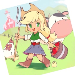 Size: 591x591 | Tagged: safe, artist:yakieringi014, character:applejack, species:bird, species:chicken, species:cow, my little pony:equestria girls, apple, barn, belt, boots, bucket, chibi, clothing, cowboy boots, cowboy hat, cute, denim skirt, farm, female, food, freckles, hat, jackabetes, looking at you, moe, pitchfork, shoes, skirt, solo, stetson
