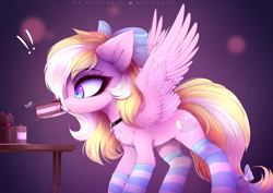 Size: 5333x3785 | Tagged: safe, artist:magnaluna, oc, oc only, oc:bay breeze, species:pegasus, species:pony, bow, cake, chest fluff, clothing, commission, cute, ear fluff, female, food, hair bow, mare, mouth hold, ocbetes, plate, socks, solo, stockings, striped socks, table, tail bow, thigh highs, ych result