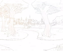 Size: 2800x2240 | Tagged: safe, artist:antiander, bridge, lineart, monochrome, ponyville, scenery, town hall