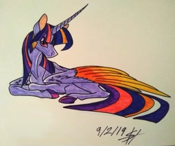 Size: 1280x1067 | Tagged: safe, artist:grievousfan, character:twilight sparkle, character:twilight sparkle (alicorn), species:alicorn, species:pony, doodle, female, mare, marker drawing, photo, photoshop, prone, solo, traditional art