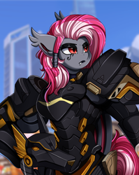Size: 2550x3209 | Tagged: safe, artist:pridark, oc, oc:miabat, species:anthro, species:bat pony, armor, bat pony oc, bust, clothing, commission, cosplay, costume, female, overwatch, pharah, portrait, solo, video game crossover