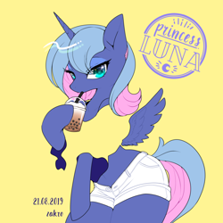 Size: 900x900 | Tagged: safe, artist:zakro, character:princess luna, species:alicorn, species:pony, bubble tea, clothing, drinking, drinking straw, female, looking at you, mare, midriff, negative space, semi-anthro, shorts, simple background, yellow background
