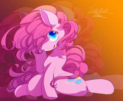 Size: 1100x900 | Tagged: safe, artist:zakro, character:pinkie pie, species:earth pony, species:pony, female, hair over one eye, kneeling, looking at you, mare, smiling, solo, zoom layer
