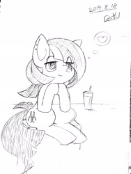 Size: 1536x2048 | Tagged: safe, artist:zakro, oc, oc only, species:earth pony, species:pony, bedroom eyes, drink, earth pony oc, eye contact, heart, lineart, looking at each other, monochrome, smiling, solo