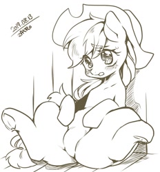 Size: 1300x1400 | Tagged: safe, artist:zakro, character:applejack, species:pony, blushing, clothing, eye clipping through hair, featureless crotch, female, hat, lineart, mare, monochrome, sae, underhoof