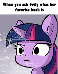 Size: 1501x1910 | Tagged: safe, artist:tjpones, edit, character:twilight sparkle, species:pony, book, bookhorse, bust, ear fluff, math, math lady meme, meme, portrait, purple smart, solo, that pony sure does love books