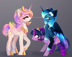 Size: 4344x3428 | Tagged: safe, artist:magnaluna, character:princess celestia, character:princess luna, character:twilight sparkle, character:twilight sparkle (alicorn), species:alicorn, species:pony, g4, alternate hairstyle, chest fluff, clothing, crown, cute, ear fluff, eye contact, female, flower, flower in hair, height difference, jewelry, looking at each other, mare, peytral, ponies riding ponies, profile, regalia, royal sisters, scrunchy face, smiling, socks, stare, striped socks, trio, trio female, unshorn fetlocks