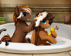 Size: 3030x2400 | Tagged: safe, artist:pridark, oc, oc only, oc:in7ac7, oc:wiley waves, species:earth pony, species:pegasus, species:pony, bath, bathing, bathing together, chest fluff, couple, cute, gay, male, oc x oc, rubber duck, shampoo, shipping, smiling, stallion, washing hair, water, wings