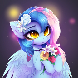 Size: 4380x4381 | Tagged: safe, artist:magnaluna, oc, oc only, oc:chrysocolla dawn, species:pegasus, species:pony, g4, abstract background, bouquet, bust, choker, colored pupils, cute, eye clipping through hair, eyebrows, eyebrows visible through hair, female, flower, flower in hair, hoof hold, mare, ocbetes, portrait, solo, spread wings, three quarter view, wings, yellow eyes