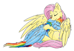 Size: 1432x990 | Tagged: safe, artist:ruushiicz, character:fluttershy, character:rainbow dash, species:pegasus, species:pony, comforting, crying, duo, eyes closed, female, folded wings, hug, mare, outline, role reversal, simple background, sitting, spread wings, teary eyes, transparent background, white outline, wings