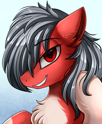 Size: 1446x1764 | Tagged: safe, artist:pridark, oc, oc:night strider, species:pony, bust, chest fluff, looking at you, pale belly, portrait, raffle winner, red eyes, smiling, socks (coat marking), solo