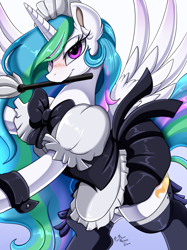 Size: 2595x3472 | Tagged: safe, artist:pridark, patreon reward, character:princess celestia, species:alicorn, species:pony, g4, blushing, bow, clothing, cuffs (clothes), cutie mark, duster, female, leg band, lidded eyes, looking at you, maid, maid headdress, mare, mouth hold, patreon, rearing, smiling, socks, solo, spread wings, thigh highs, wings