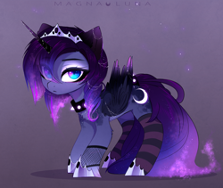 Size: 2750x2319 | Tagged: safe, artist:magnaluna, character:princess luna, species:alicorn, species:pony, chest fluff, clothing, collar, cute, digital art, ear fluff, ethereal mane, eye clipping through hair, female, goth, hoof shoes, horn, horn jewelry, jewelry, leg fluff, lunabetes, mare, socks, spiked collar, striped socks, wing fluff, wing jewelry