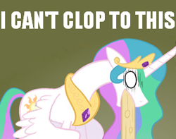 Size: 277x218 | Tagged: safe, artist:mister-saugrenu, edit, character:princess celestia, species:alicorn, species:pony, cannot unsee, caption, celestia is not amused, female, i can't clop to this, image macro, mare, reaction image, solo, text, unamused, vomit, vomiting, white eyes