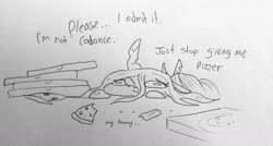 Size: 1643x880 | Tagged: safe, artist:tjpones, character:queen chrysalis, adorable distress, cute, cutealis, food, lineart, monochrome, peetzer, pizza, pizza box, sketch, solo, traditional art, tummy ache