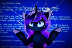 Size: 1500x1000 | Tagged: source needed, useless source url, safe, artist:magnaluna, edit, character:princess luna, species:alicorn, species:pony, against glass, blue screen of death, broken glass, ethereal mane, female, galaxy mane, glass, mare, screen, shrug, solo