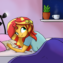 Size: 2160x2160 | Tagged: safe, artist:tjpones, character:ray, character:sunset shimmer, my little pony:equestria girls, bed, blanket, book, cute, duo, female, food, leopard gecko, pet, ray, raybetes, shimmerbetes, smiling, tea