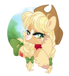 Size: 1064x1176 | Tagged: safe, artist:nemovonsilver, character:applejack, species:pony, alternate hairstyle, blaze (coat marking), bow, braided pigtails, cute, female, hair bow, jackabetes, lidded eyes, mare, out of frame, redesign, solo, straw in mouth, tail bow, unshorn fetlocks