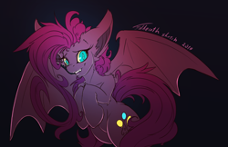 Size: 1200x779 | Tagged: safe, artist:foldeath, character:pinkie pie, species:bat pony, species:pony, bat ponified, black background, fangs, female, looking at you, mare, race swap, simple background, slit eyes, solo