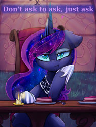 Size: 1938x2568 | Tagged: safe, artist:magnaluna, derpibooru original, edit, character:princess luna, species:alicorn, species:pony, :t, annoyed, ask, bored, cake, candle, color porn, cute, don't ask to ask, ear fluff, ethereal mane, eyes closed, female, floppy ears, fluffy, food, galaxy mane, looking at you, lunabetes, mare, meme, solo, text, text edit, tumblr, unamused