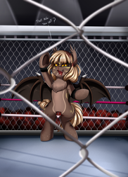 Size: 2550x3509 | Tagged: safe, artist:pridark, oc, oc only, oc:gilded oak, species:bat pony, species:pony, bat pony oc, blood, boxing ring, cage, commission, crowd, dialogue, female, looking at you, nosebleed, open mouth, solo, wwe