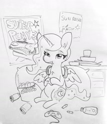 Size: 1320x1535 | Tagged: safe, artist:tjpones, character:princess luna, species:alicorn, species:pony, gamer luna, black and white, chips, controller, female, food, grayscale, headphones, hoof hold, monochrome, pencil drawing, solo, traditional art