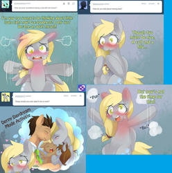 Size: 1702x1716 | Tagged: safe, artist:ende26, character:derpy hooves, character:doctor whooves, character:time turner, oc, parent:derpy hooves, parent:doctor whooves, parents:doctorderpy, species:pony, lovestruck derpy, ship:doctorderpy, blushing, blushing profusely, daydream, ear blush, female, key, male, offspring, shipping, straight
