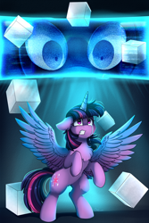 Size: 2550x3809 | Tagged: safe, artist:pridark, character:twilight sparkle, character:twilight sparkle (alicorn), species:alicorn, species:pony, chest fluff, commission, crying, cube, cutie mark, eye, eyes, fanfic, fanfic art, fanfic cover, female, floppy ears, high res, mare, rearing, scared, solo, spread wings, wings