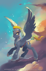 Size: 2489x3800 | Tagged: safe, artist:antiander, oc, oc only, oc:electro blitz, species:pegasus, species:pony, armor, cloud, cloudy, male, nudity, sheath, solo, stallion