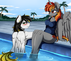 Size: 2978x2550 | Tagged: safe, artist:pridark, oc, oc only, species:alicorn, species:anthro, species:pegasus, species:pony, alicorn oc, blushing, breasts, clothing, commission, female, high res, male, one-piece swimsuit, sitting, swimming pool, swimsuit