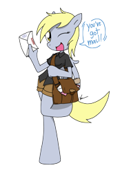 Size: 1351x1944 | Tagged: safe, artist:sandwich-anomaly, character:derpy hooves, species:anthro, species:pegasus, species:unguligrade anthro, g4, clothing, cute, female, looking at you, mail, mailbag, open mouth, raised leg, shorts, simple background, smiling, solo, transparent background, wink
