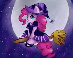 Size: 2912x2312 | Tagged: safe, artist:tuxisthename, character:pinkie pie, species:earth pony, species:pony, broom, clothing, cute, diapinkes, female, flying, flying broomstick, full moon, halloween, hat, high res, holiday, mare, moon, night, profile, sitting, sky, solo, stars, witch, witch costume, witch hat