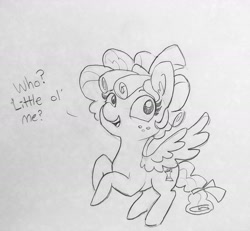 Size: 1560x1440 | Tagged: safe, artist:tjpones, character:cozy glow, species:pegasus, species:pony, cozybetes, cute, dialogue, ear fluff, female, filly, flying, monochrome, pure concentrated unfiltered evil of the utmost potency, pure unfiltered evil, solo, traditional art