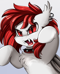 Size: 1424x1764 | Tagged: safe, artist:pridark, oc, oc only, species:bat pony, species:pony, bat pony oc, bust, chest fluff, clothing, commission, ear piercing, looking at you, male, open mouth, piercing, portrait, red eyes, solo
