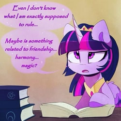 Size: 653x653 | Tagged: source needed, safe, artist:magnaluna, character:twilight sparkle, character:twilight sparkle (alicorn), species:alicorn, species:pony, book, cheek fluff, crown, dialogue, existential crisis, female, grammar error, headcanon in the description, jewelry, needs more jpeg, no nostrils, princess of friendship, question, regalia, simple background, solo, speech bubble