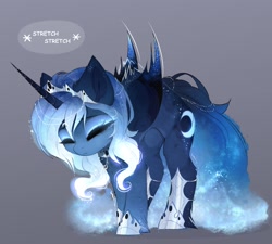 Size: 1920x1725 | Tagged: safe, artist:magnaluna, character:princess luna, species:alicorn, species:pony, g4, alternate hairstyle, bat wings, behaving like a cat, butt fluff, cheek fluff, colored wings, colored wingtips, cute, descriptive noise, ear fluff, eyes closed, eyeshadow, female, fluffy, frown, glow, glowing mane, gradient wings, gray background, hoof fluff, horn, horn jewelry, jewelry, kitty luna, leg fluff, lunabetes, makeup, mare, regalia, shoulder fluff, simple background, solo, stretching, tail jewelry, unshorn fetlocks, wing fluff, wings