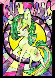 Size: 629x900 | Tagged: safe, artist:zakro, oc, oc only, species:earth pony, species:pony, female, looking at you, one eye closed, stained glass