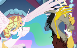 Size: 1222x772 | Tagged: safe, artist:grievousfan, edit, edited screencap, screencap, character:discord, character:princess celestia, species:alicorn, species:draconequus, species:pony, episode:the ending of the end, g4, my little pony: friendship is magic, angry, angry face, female, floppy ears, frown, glare, male, mare, rage, scared, spread wings, wavy mouth, wide eyes, wings