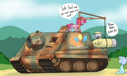 Size: 1758x1054 | Tagged: safe, artist:sandwich-anomaly, character:derpy hooves, character:pinkie pie, species:earth pony, species:pegasus, species:pony, female, mare, partillery, sturmtiger, tank (vehicle)